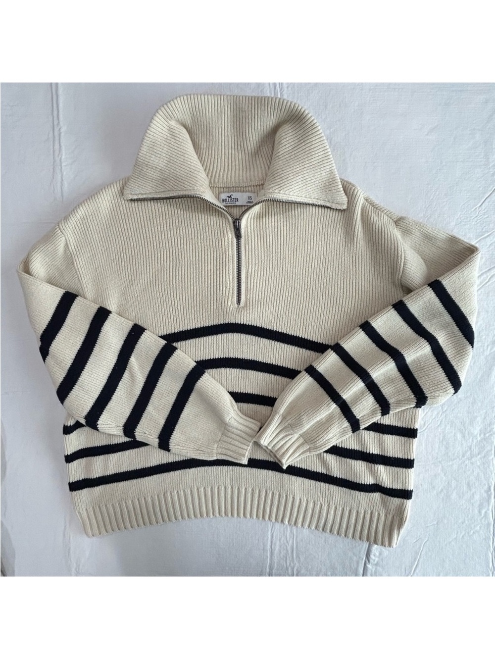 Hollister Cream Striped Zip Pullover Sweater